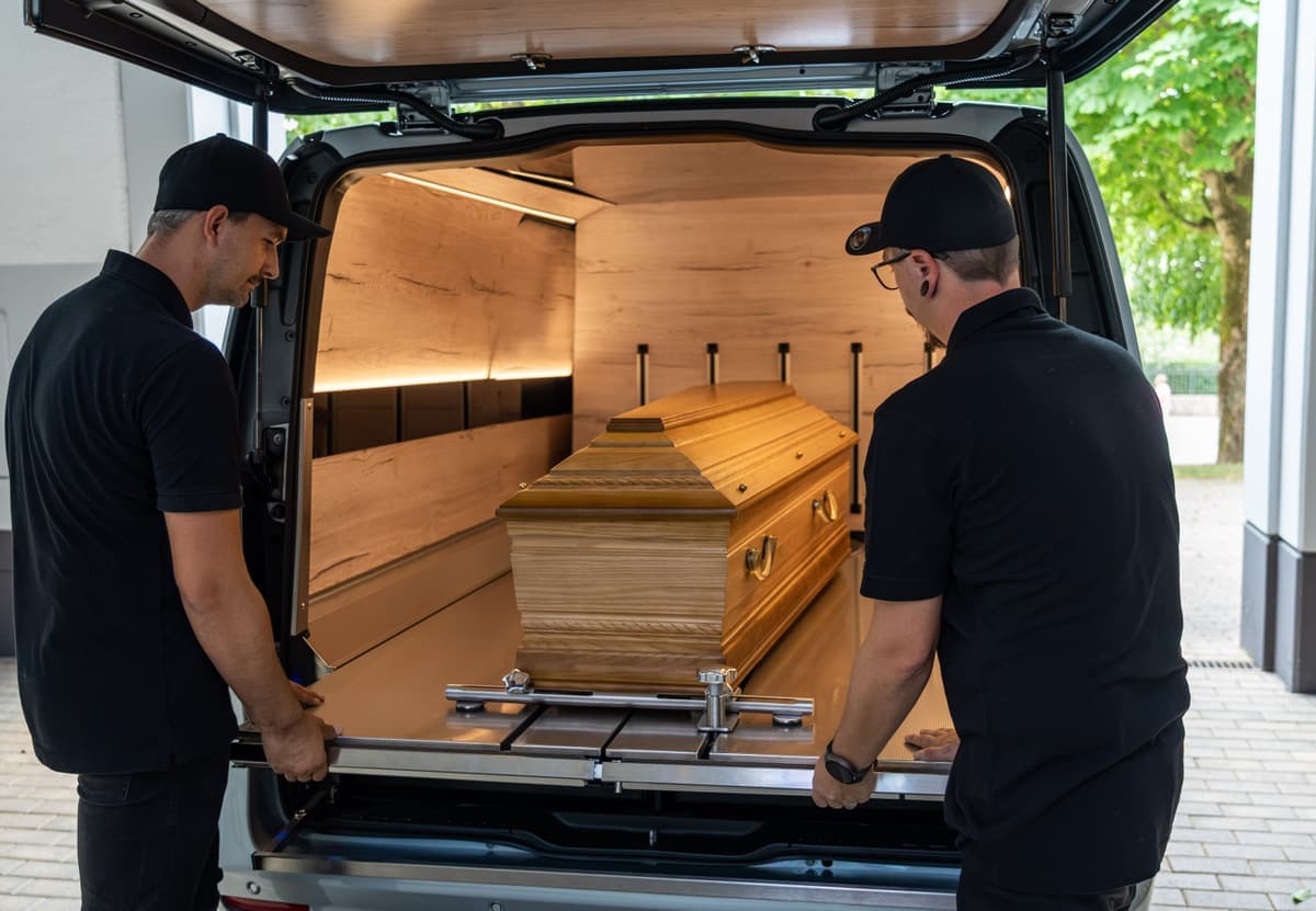 L'équipe Dahm & Fils installe un cercueil dans le corbillard